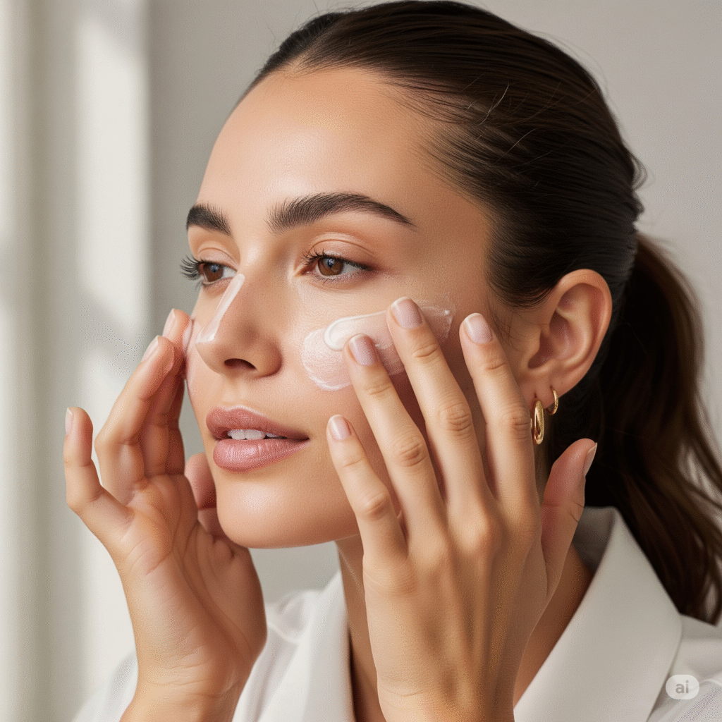 Rutina de cuidado facial con una crema para tratar y prevenir la flacidez en las mejillas.